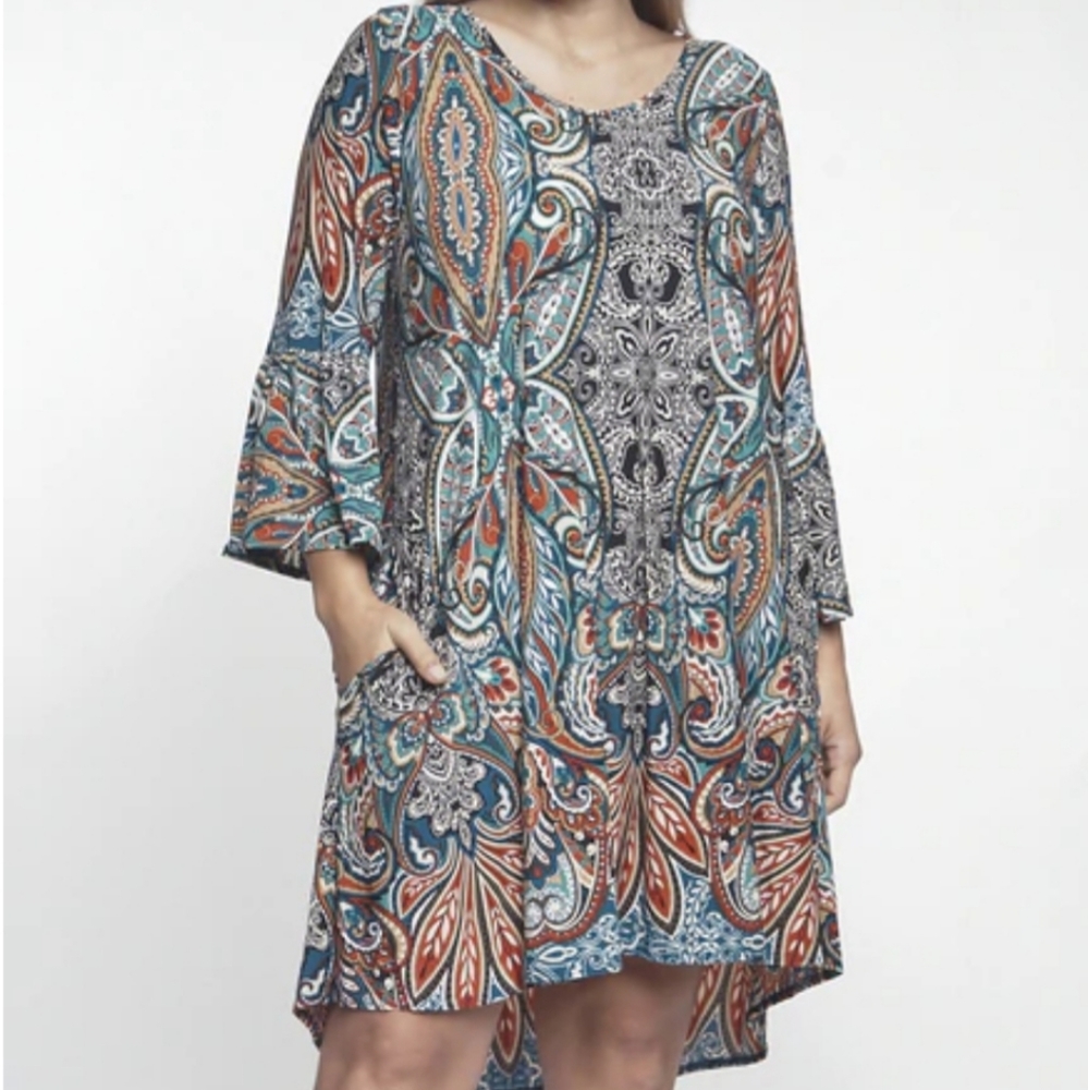 Multi-color Paisley Tunic Dress with ruffle sleeve - Picture 1 of 5